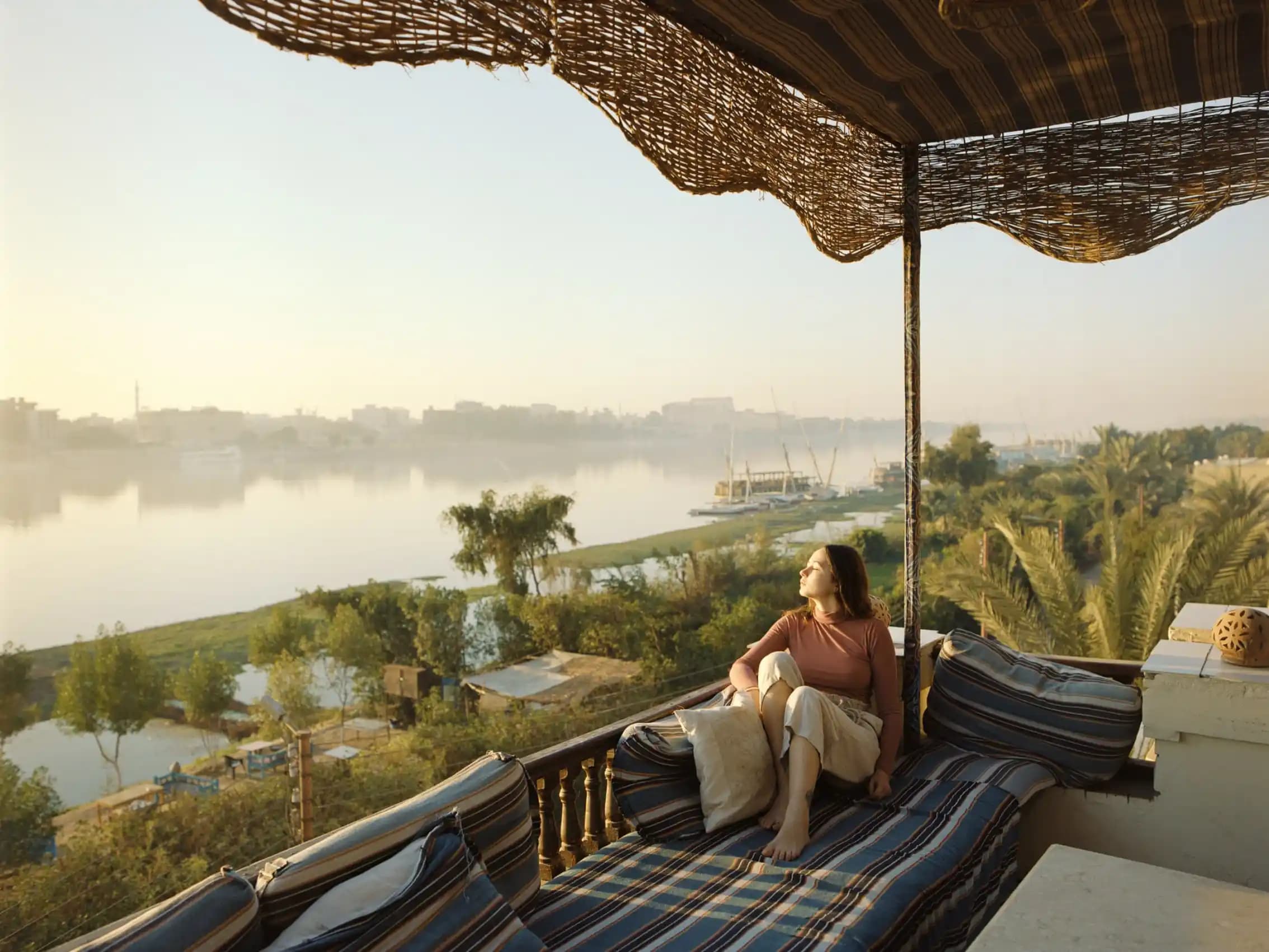 A female Tourist Relaxing on board of Nile Cruise ship A female Tourist Relaxing on board of Nile Cruise ship