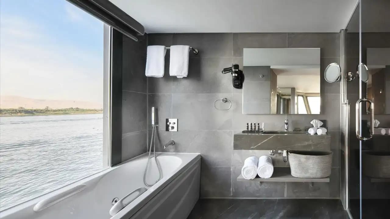 Historia Nile Cruise the bathroom by the nile view on Historia Nile Cruise, Historia Nile Cruise